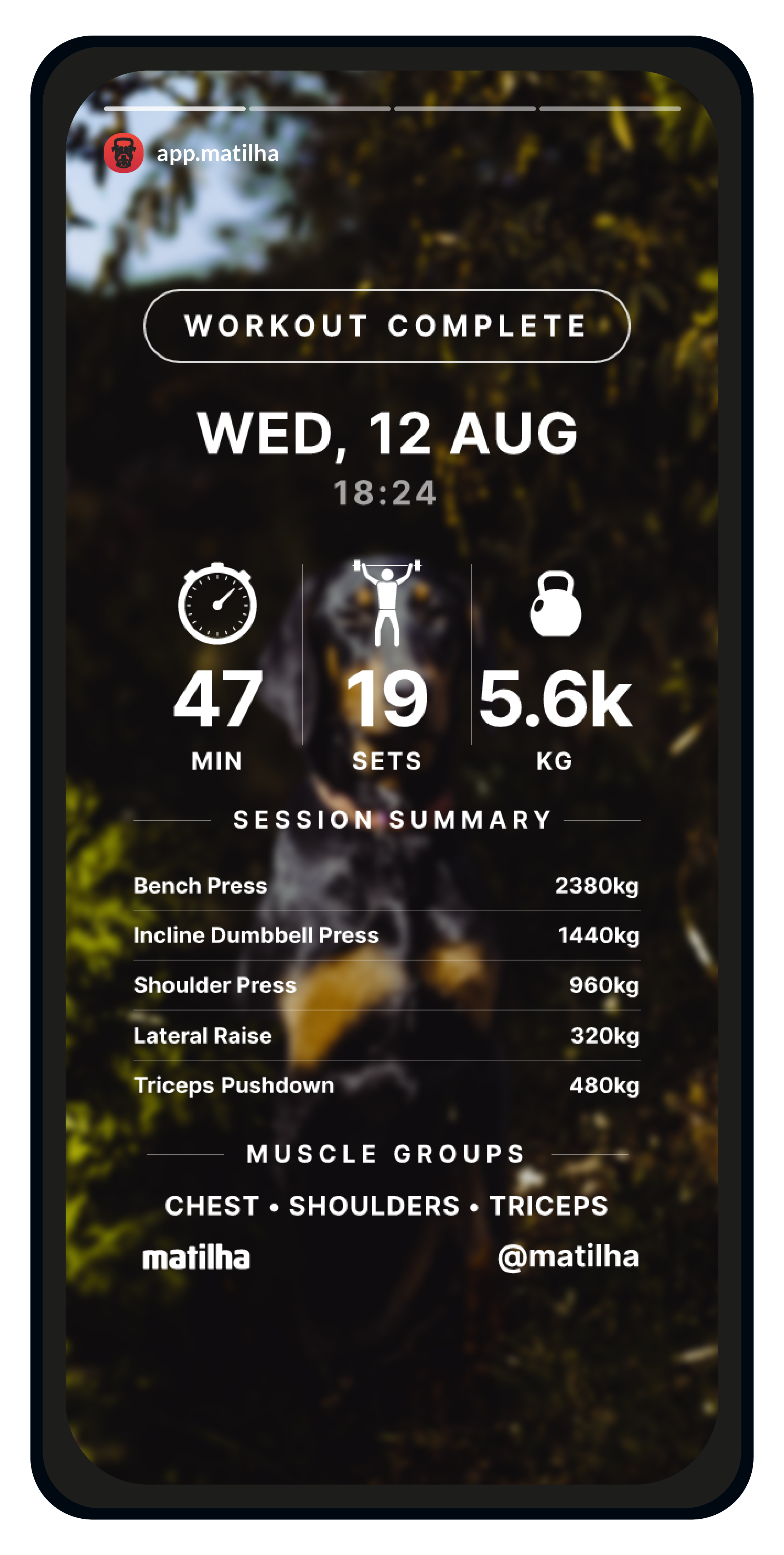 GOLD share card — full session summary with a per-exercise breakdown and muscle groups trained