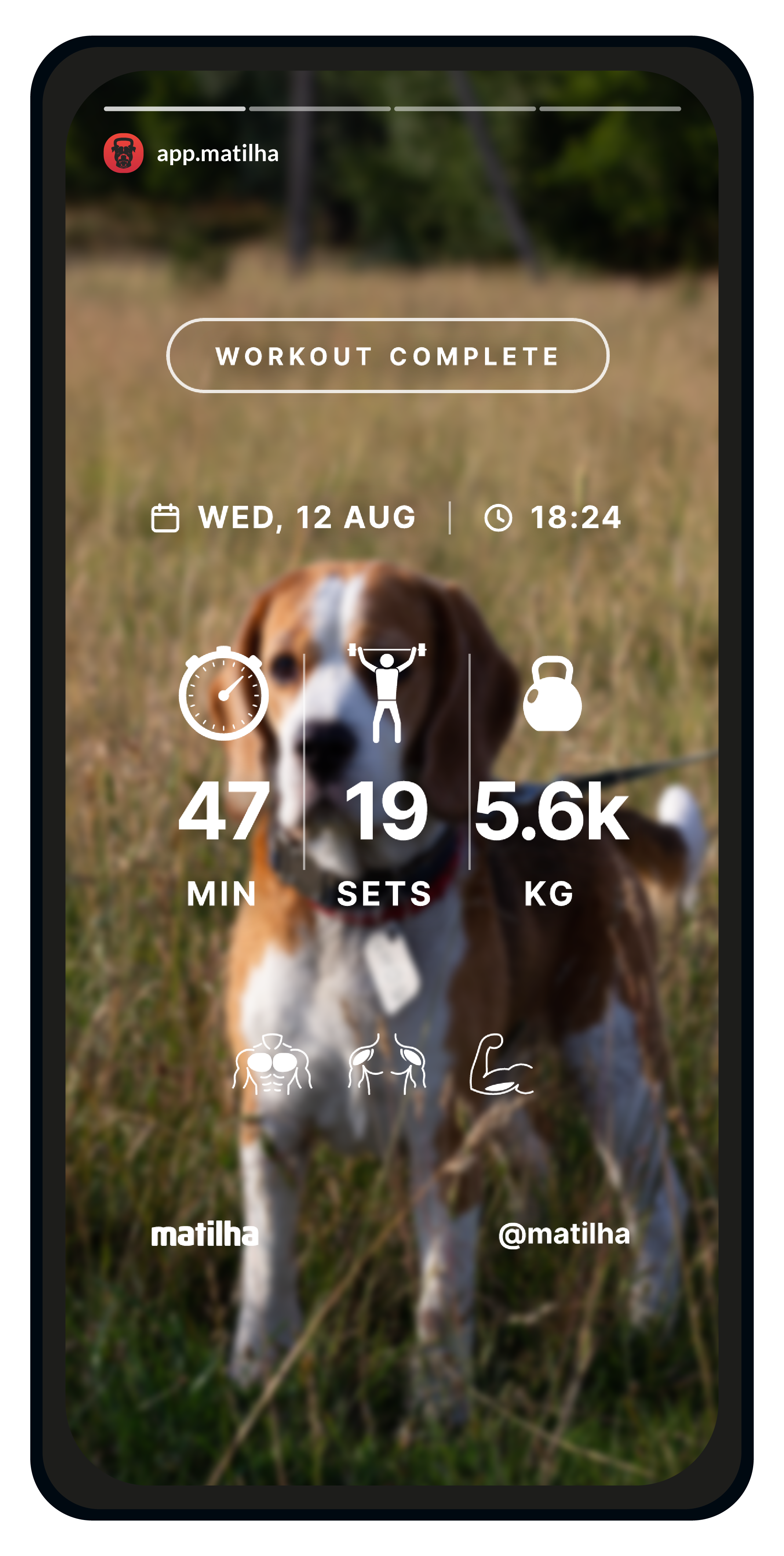 MONO share card — Workout Complete, 47 min, 19 sets, 5.6k kg moved