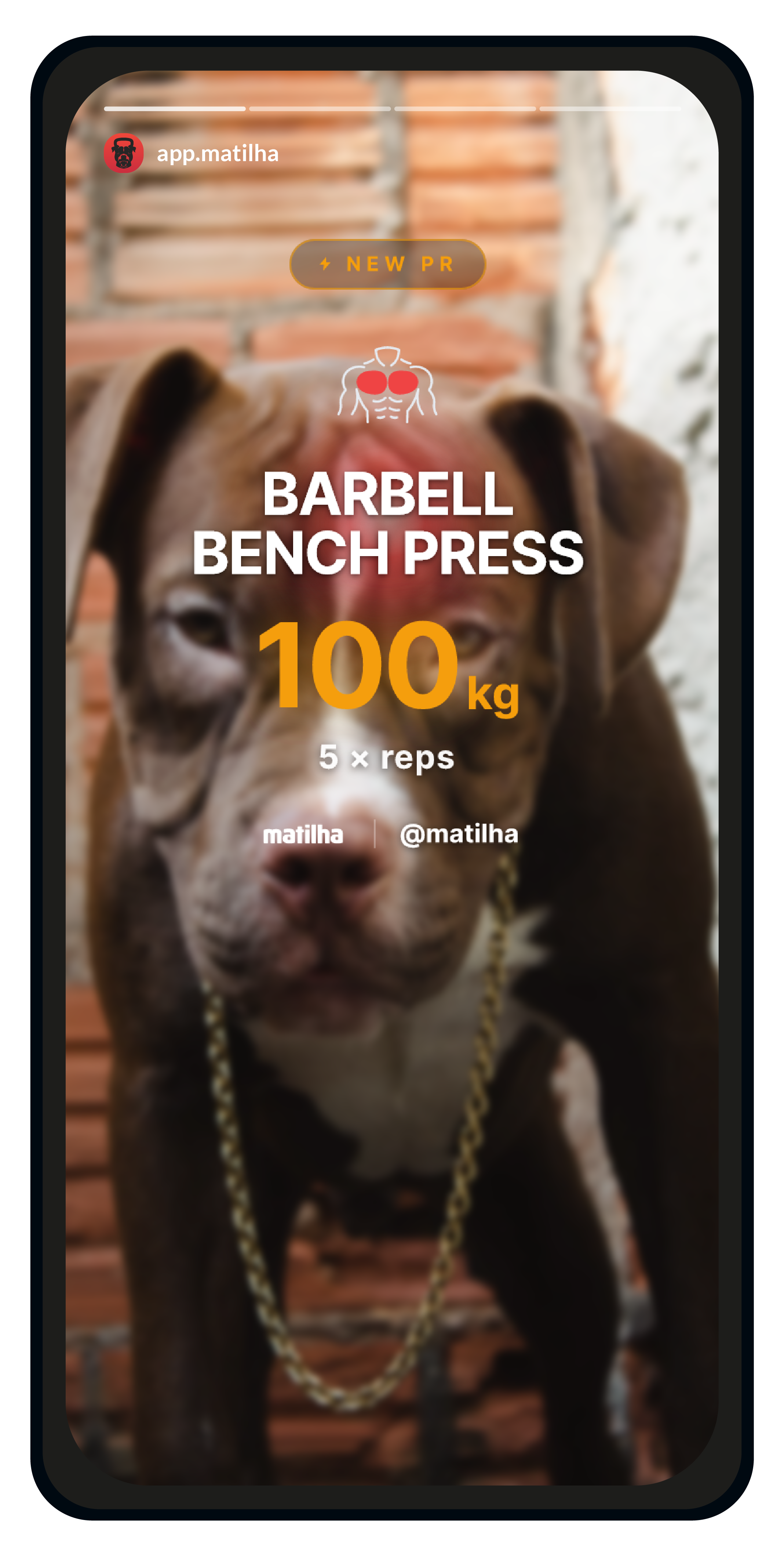 PR share card — New PR, Barbell Bench Press, 100kg for 5 reps