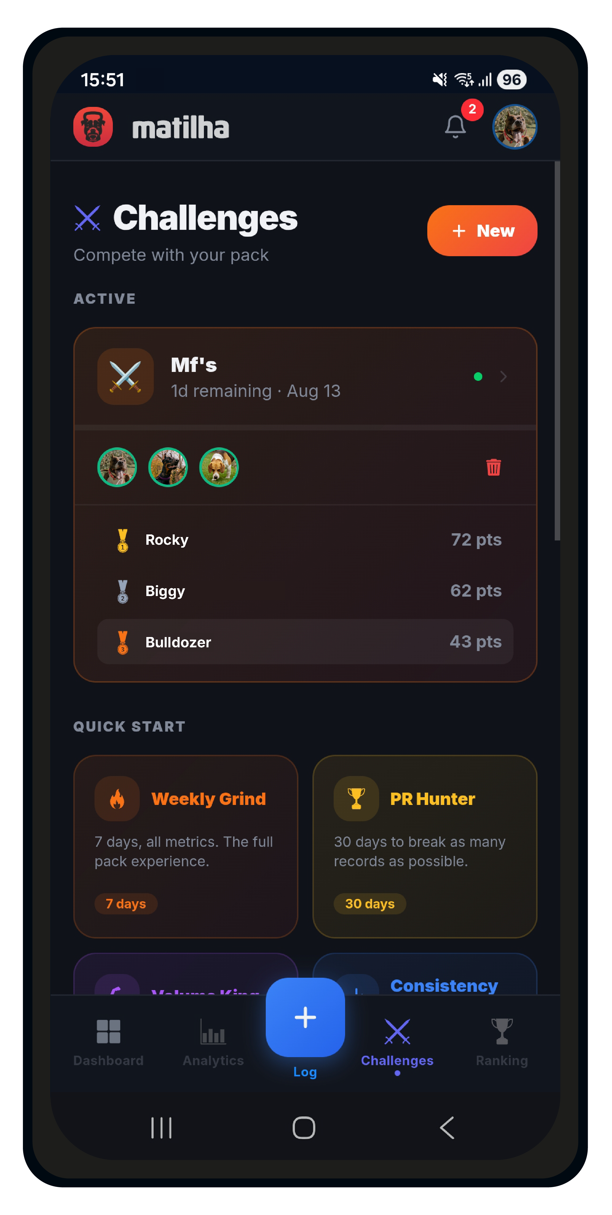Matilha Challenges screen showing an active head-to-head challenge leaderboard and Quick Start challenge templates