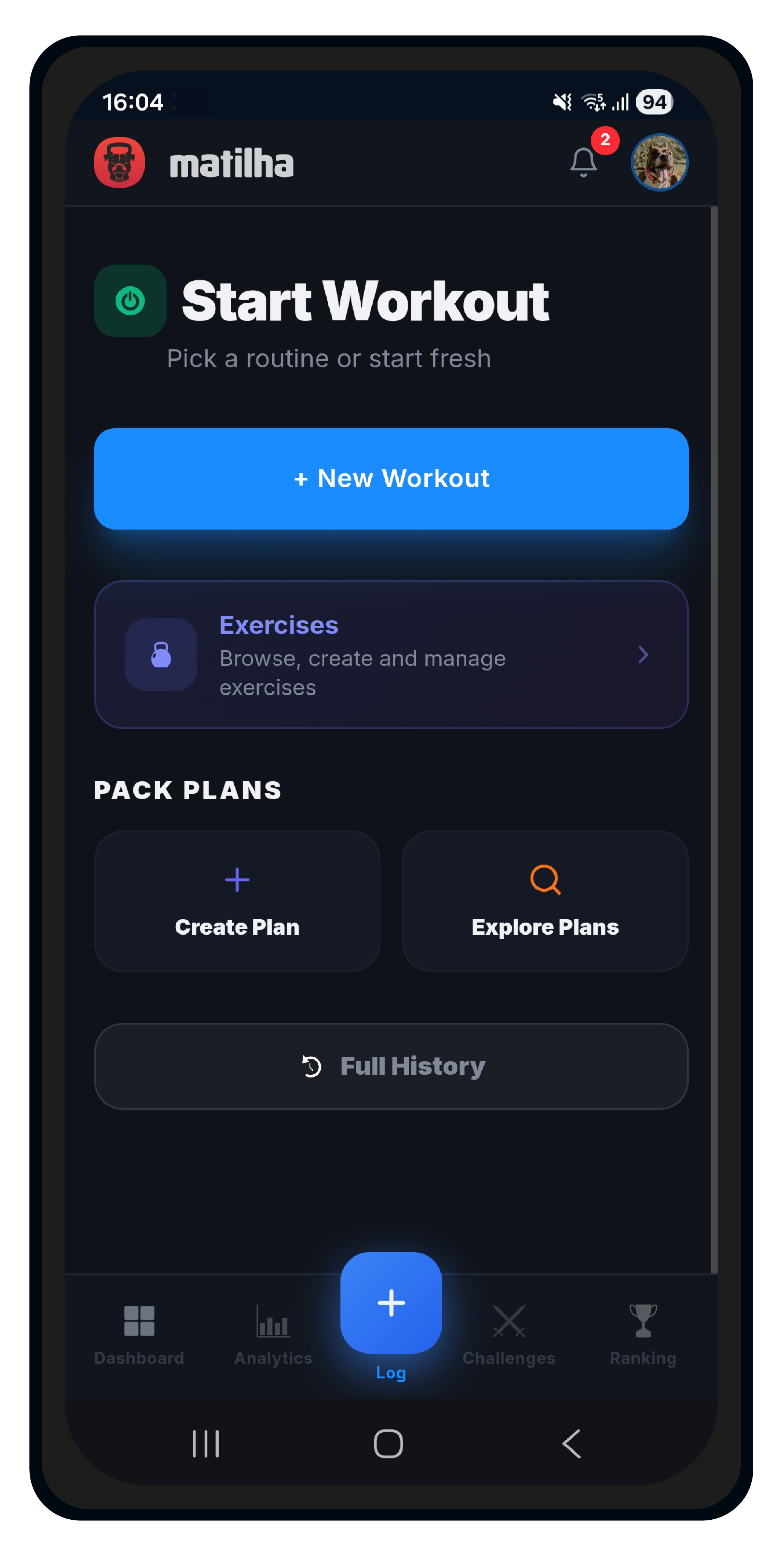 Matilha Log screen with Create Plan and Explore Plans options under Pack Plans