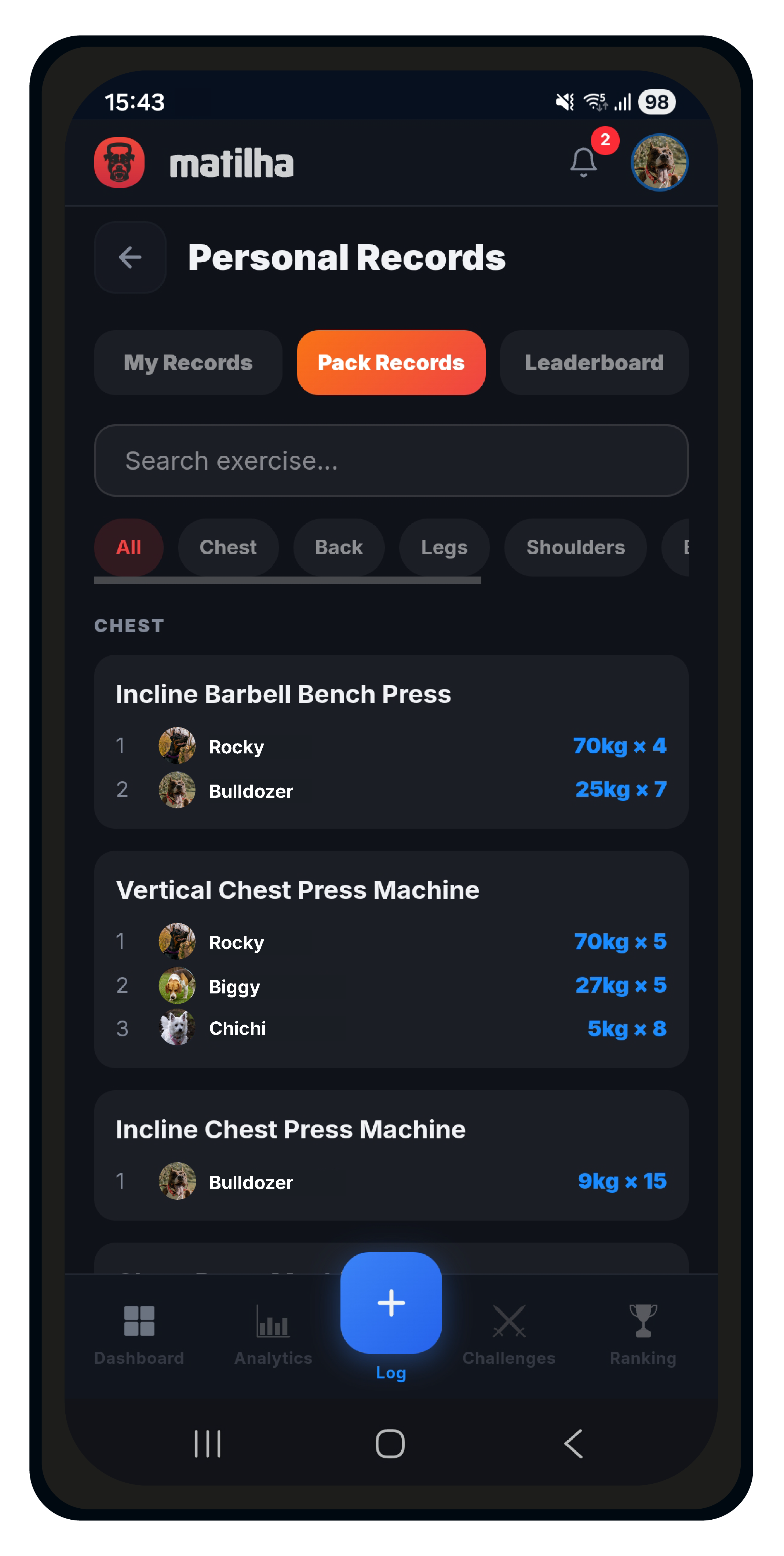 Matilha Pack Records showing a leaderboard of friends' personal records per exercise